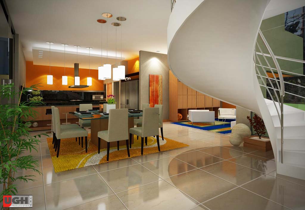3D Diseño Interior Comedor Living Residencia Country