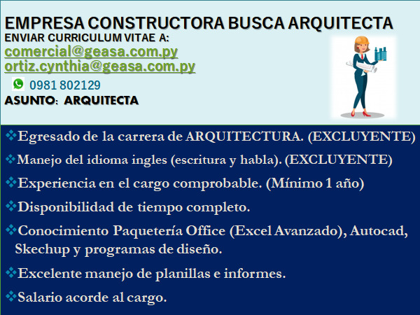 Se busca ARQUITECTA. | Arquitectos del Paraguay, Galería de Arquitectura,  Proyectos y Servicios de Construcción.